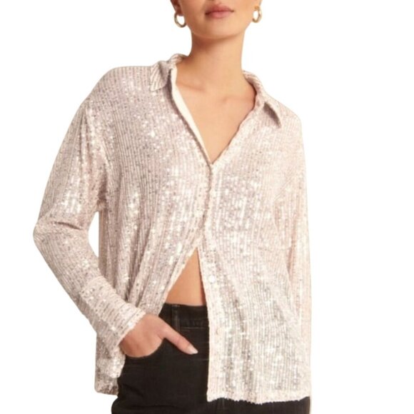 Abercrombie & Fitch Stunning Sequined Silver Blouse Party Holiday Disco Size L - Picture 3 of 7